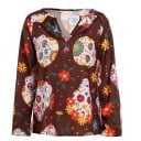 Damenbluse mit Druck von verzierten Totenköpfen und bunten Blumen Lange lockere Ärmel V-Ausschnitt Lockere Passform Material Chiffon 5