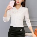 Damenbluse mit großer Schleife am Ausschnitt Formeller Schnitt Lange Ärmel mit Knopfmanschette Sanft geraffte Schultern Polyester und Elasthan 3