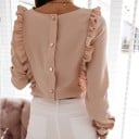 Damenbluse mit langen Ärmeln und vertikalen Rüschen vorne und hinten Reihe von Knöpfen auf dem Rücken Rundhalsausschnitt Polyester 3
