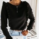 Damenbluse mit langen Ärmeln und vertikalen Rüschen vorne und hinten Reihe von Knöpfen auf dem Rücken Rundhalsausschnitt Polyester 7