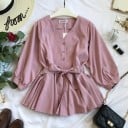 Damenbluse mit Schleife in der Taille und Knöpfen vorne Lockere Ärmel mit gerafftem Bündchen Ausgestellter unterer Teil V-Ausschnitt Polyester 4