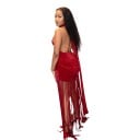 Damenfigurbetonte ärmellose Kleid mit Rollkragen und langen Fransen mit freiem Rücken und Raffung an den Seiten und Schal vom Hals 4