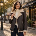 Damenjacke aus Kunstleder mit Fell und großem Kragen, schrägem Reißverschluss, Gürtel und Reißverschlusstaschen, Oversize, dunkelbraun mit beigem 5