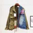 Damenjacke im Army-Stil mit Denim-Hälfte Khaki Baumwolle und blauer Denim Schnürungen an der Taille und an den Ärmeln Taschen mit Klappe 3
