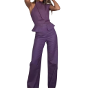 Damenoverall lila Auschnitt in O Lange Hosen Top mit breiten Trägern Asymmetrischer Schnitt Leichter Polyester 3