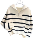 Damenpullover mit langen Ärmeln und V-Ausschnitt Halber Reißverschluss Eleganter weißer Pullover mit schwarzen Streifen Universelle Größe aus Acetat 3