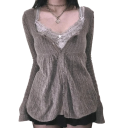Damenpullover mit Spitze im V-Ausschnitt Halbe Knopfleiste Eleganter einfarbiger Pullover mit langen Ärmeln Verschiedene Farben Polyester Baumwolle 4