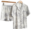 Damenpyjama mit feinen Mustern Hemd mit Kragen und kurzen Ärmeln mit Knöpfen und Brusttasche und Shorts aus weichem Polyester und Rayon 2
