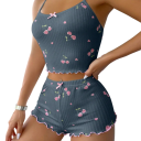 Damenpyjama mit Kirschmotiv T-Shirt mit rundem Ausschnitt und Shorts aus Polyester und Spandex Bequemer Sommeranzug in verschiedenen Farben 14