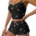 Damenpyjama mit Kirschmotiv T-Shirt mit rundem Ausschnitt und Shorts aus Polyester und Spandex Bequemer Sommeranzug in verschiedenen Farben 11
