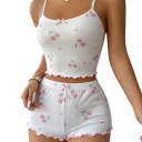 Damenpyjama mit Kirschmotiv T-Shirt mit rundem Ausschnitt und Shorts aus Polyester und Spandex Bequemer Sommeranzug in verschiedenen Farben 12