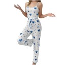 Damenpyjama mit Top und langen Hosen Einfarbiger Set mit Herzmuster aus Polyester und Spandex Bequeme elastische Sommermodel 4