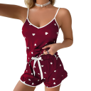 Damenpyjama mit Top und Shorts Einfarbiger Set mit Herzmuster V-Ausschnitt aus Polyester und Spandex Leichtes Sommermodell zum Schlafen 4