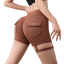 Damenshorts mit hoher Taille und figurbetonter Passform. Gesäßtaschen mit Patte. Elastischer Bund am Oberschenkel. Formende Shorts für die Freizeit. 2