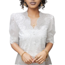 Damenweiße Spitzenbluse V-Ausschnitt Kurzarm Knopfverschluss Elegante Bluse aus Polyester für den Sommer 4