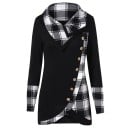 Dames asymmetrische sweater met geruite kraag en manchetten Geplooide voorkant met knopen Afgeronde zoom Lange mouwen Polyester 1