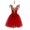 Dames balletjurk met romantische tule rok, gouden decoratieve applicatie en vleugelachtige mouwen, nylon elastische jurk voor dans 3