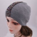 Dames beanie muts met verticale strook kralen borduurwerk Geribbelde rekbare brei van katoen en wol Omtrek hoofd 50 tot 60 cm 9