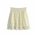 Dames beige mini rok met kanten gaatjesborduur Elastische gerimpelde taille Dubbele laag met gegolfde rand Polyester 1