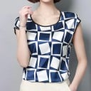 Dames blouse zonder mouwen met geometrisch patroon Ronde halslijn met donkere bies Licht glanzende polyester stof Rechte pasvorm 5