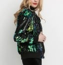 Dames bomberjack met glanzende pailletten over het hele oppervlak Zwarte geribde kraag en boorden Ritssluiting Voering Polyester 13