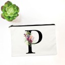 Dames cosmetica tas met initiaal en aquarel bloemen Witte platte rits tas van stof Afmeting 14 x 22 cm Zwarte rits over de volle breedte 16