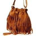 Dames crossbody tas in de vorm van een zak met franjes Trekkoord met metalen oogjes Suède en polyester 29 x 14 x 30 cm Voor dagelijks gebruik 2
