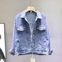 Dames denim jas met grote borduursel van kraanvogel en bloemen op de rug Kraag met knoop Slouchy schouders Vrije pasvorm Katoen en spandex 2