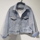 Dames denim jas met open rug Hartvormige uitsnijding Steentjes franjes Versierde mouwen Lichtblauwe denim van katoen en polyester 2