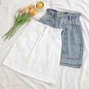 Dames denim mini rok met hoge geplooide taille Elastische band in de taille Ritssluiting en twee knopen Grote zakken Katoenen denim 3