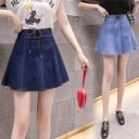 Dames denim mini rok met vetersluiting en ingebouwde shorts Hoge taille Uitlopende A-lijn Metalen oogjes Denim en polyester 4