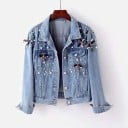 Dames denimjas versierd met pareltjes en libellen met steentjes Borstzakken met klep Knopen sluiting Lichtblauw Polyester en katoen 1