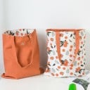 Dames dubbele linnen tas met een bedrukte en effen kant Shopper met twee hengsels en een patroon van driehoeken of fruit 40 x 36 cm 15
