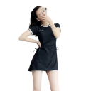 Dames Eendelige Badmode Zwart Met Rokjesonderdeel Korte Mouwen O-Hals Polyester Elegante Badmode Voor Zee En Zwembad 2