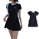 Dames Eendelige Badmode Zwart Met Rokjesonderdeel Korte Mouwen O-Hals Polyester Elegante Badmode Voor Zee En Zwembad 4