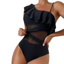 Dames Eénstuk Badmode Effen Doorzichtig Rimpels Uitsnijding Polyester Spandex Elegante Badmode voor de Zomer 6