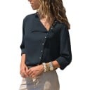 Dames eentonige chiffon blouse met lange mouwen Asymmetrische kraag Schuine sluiting met gouden knopen Rechte, losse pasvorm 10