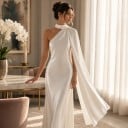 Dames elegante lange satijnen jurk zonder mouwen met asymmetrische kraag rond de hals en vloeiende sjaal op de rug 8