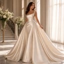 Dames elegante trouwjurk met één schouderband, parels en geplooide lijfje met overskirt en lange sleep in het wit voor de ceremonie 5