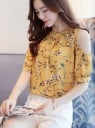 Dames elegante zomerblouse met bloemenpatroon en blootgestelde schouders Korte mouwen Ronde hals Zacht polyester met spandex 10