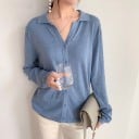 Dames gebreide blouse met kraag en knopen Zacht katoenen breisel Lange mouwen V-hals Rechte snit voor dagelijks gebruik 6