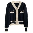 Dames gebreide cardigan met parelknoopjes en contrasterende rand en zakken van acetaat met V-hals in universele maat voor de herfst 1