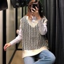 Dames gebreide oversize vest zonder mouwen Zwart-wit houndstooth patroon V-hals Crèmekleurige ribbels Katoen en polyester 6
