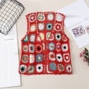Dames gebreide vest zonder mouwen met kleurrijke gehaakte vierkanten Rode gehaakte patroon met bloemmotieven Open snit Acryl en nylon 1