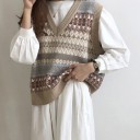 Dames gebreide vest zonder mouwen met V-hals Vrije snit Kleurrijk geometrisch patroon in strepen Beige ribbels Katoen en spandex 2