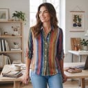 Dames gekleurde gestreepte blouse met lange mouwen met verticale geschilderde strepen, klassieke kraag en knopen over de hele lengte 3