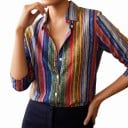 Dames gekleurde gestreepte blouse met lange mouwen met verticale geschilderde strepen, klassieke kraag en knopen over de hele lengte 4