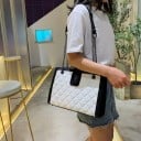 Dames gestikte schoudertas met metalen kettingriem Elegante tas van kunstleer met ruitpatroon en korte handgreep 2
