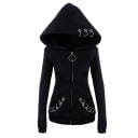 Dames gotische hoodie met grote capuchon en rits Zwart Metalen ringen op de capuchon en zakken Ronde ritshendel Aansluitende snit Polyester 1
