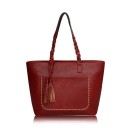 Dames grote schoudertas van PU-leer 32,5 x 30 x 12 cm Gevlochten handvatten Voorkant met decoratieve stiksels Lange kwast 4